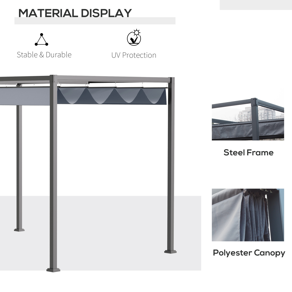 4 x 3m Metal Pergola Gazebo Patio Sun Shelter Retractable Canopy Grey Outsunny