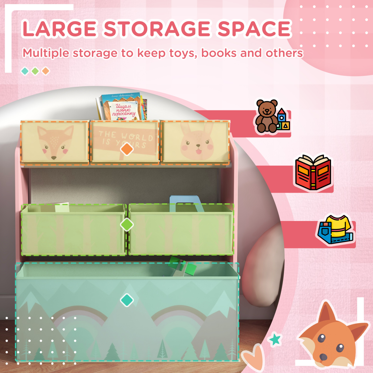 ZONEKIZ Kids Storage Units with 6 Boxes, Childrens Toy Storage Organiser, Pink