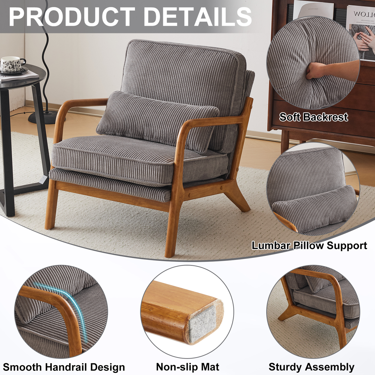 Low Arm Accent Chair - Light Gray Corduroy Upholstered Indoor Lounge Chair, Compact Single Seater with Sturdy Frame (330LBS Weight Capacity)