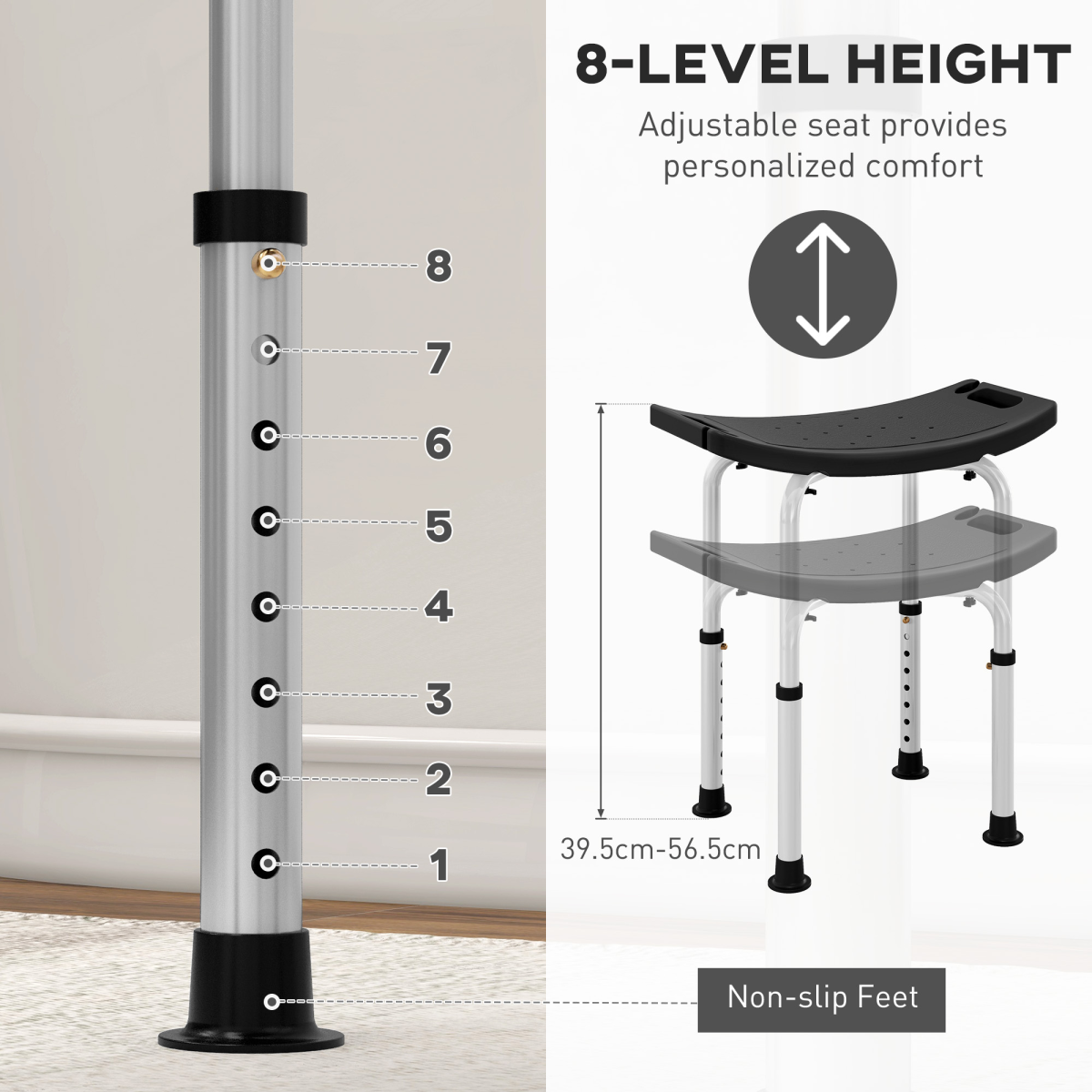HOMCOM Aluminium Shower Stool w/ Adjustable Height Non-Slip Bath Stool Black