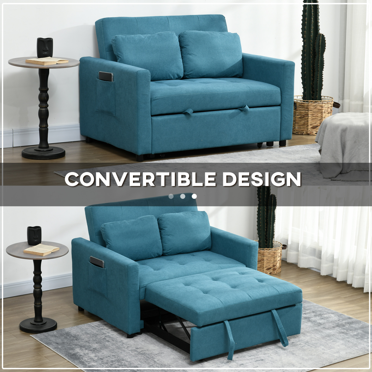 HOMCOM 2 Seater Sofa Bed Convertible Bed Settee with Cushions, Pockets, Blue