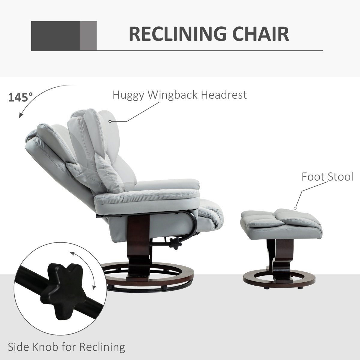 HOMCOM PU Leather Manual Reclining Armchair Footstool Padded Seat Light Grey