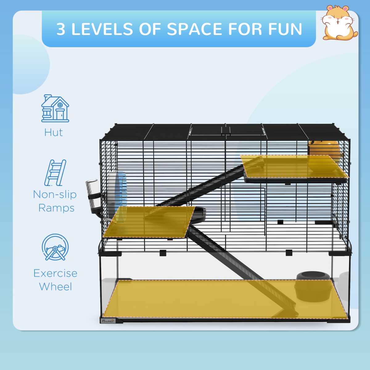 3 Tiers Hamster Cage w/ Deep Glass Bottom, Dish, Hut, 78.5 x 48.5 x 57cm
