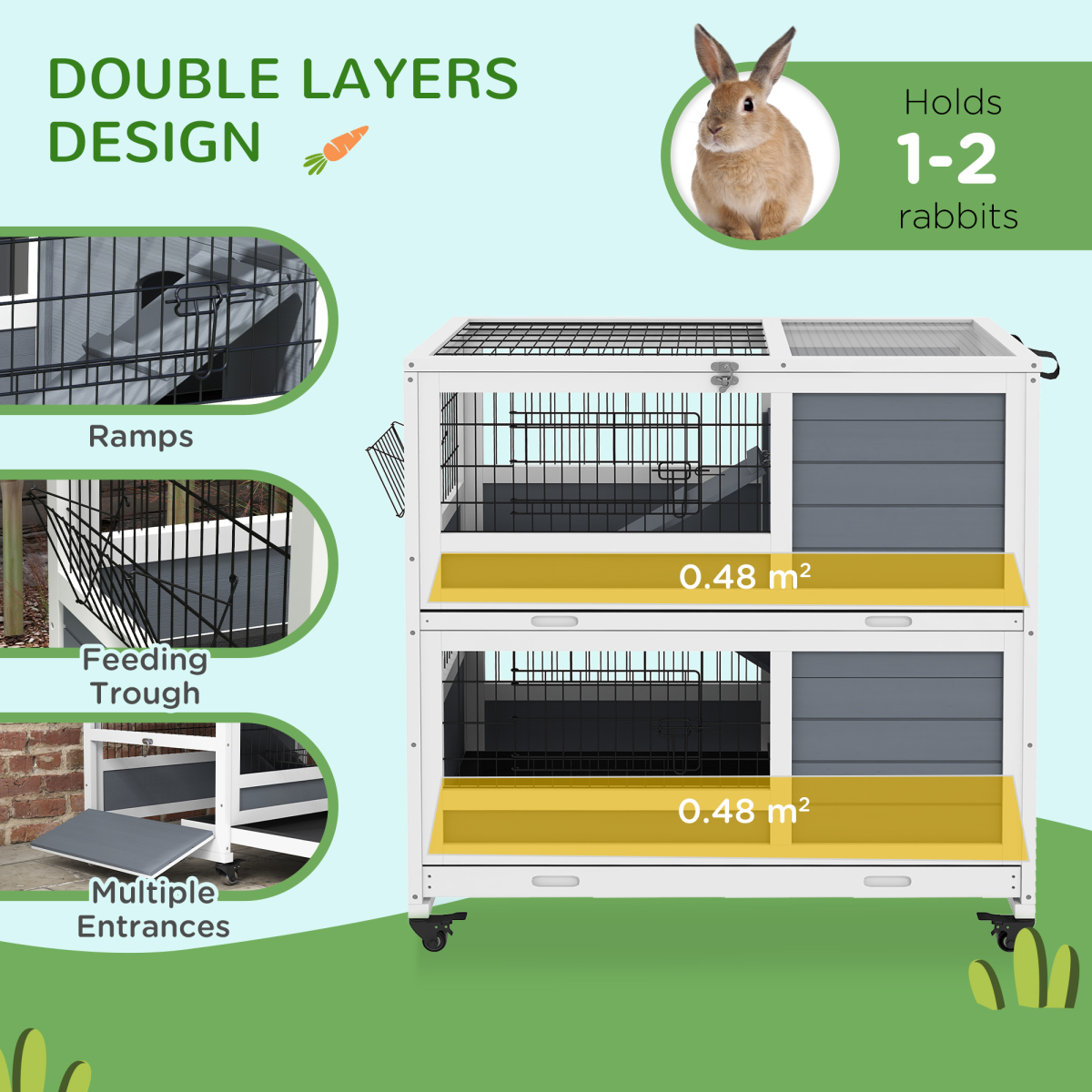 PawHut Double Deckers Indoor Rabbit Hutch w/ Feeding Trough, Slide-Out Trays