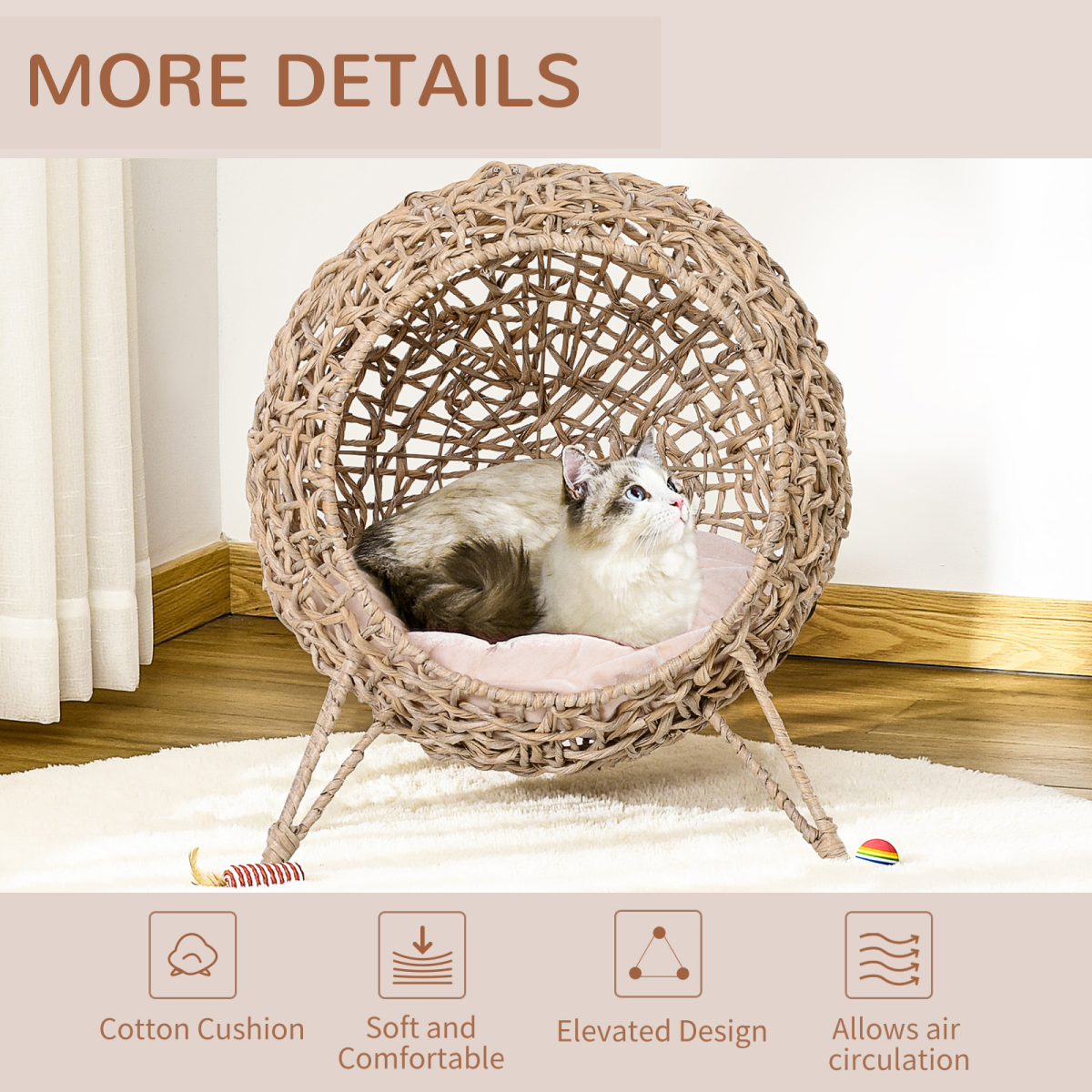 Rattan Elevated Cat House Kitten Bed Pet Furniture w/ Cushion Natural