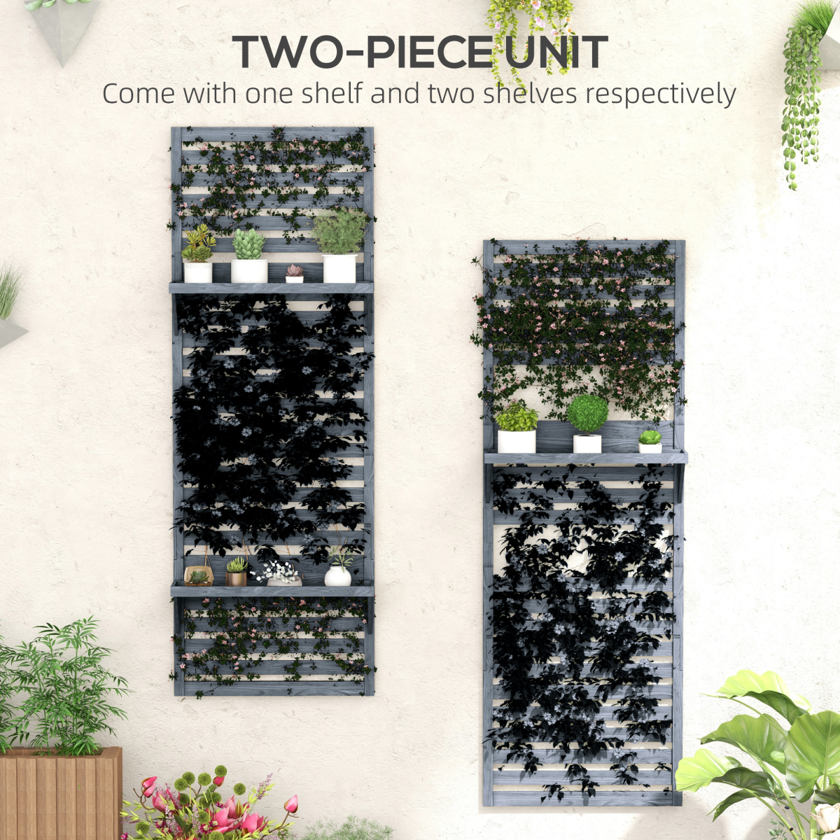 Outsunny Wall Mounted Plant Stands Set of 2 with Shelves and Slatted Trellis