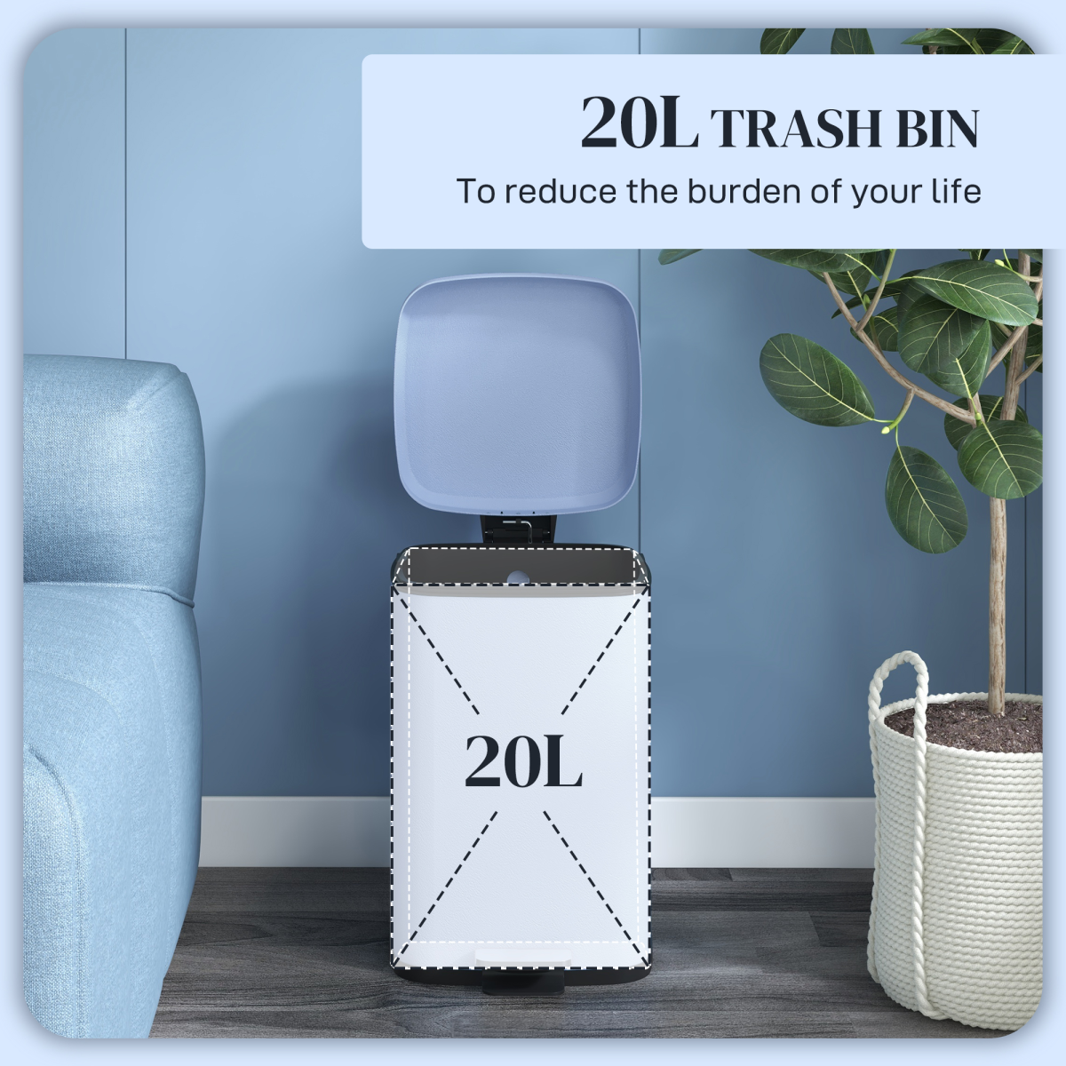 HOMCOM 20L Kitchen Pedal Bin, Metal Rubbish Bin with Soft-close Lid, Light Blue