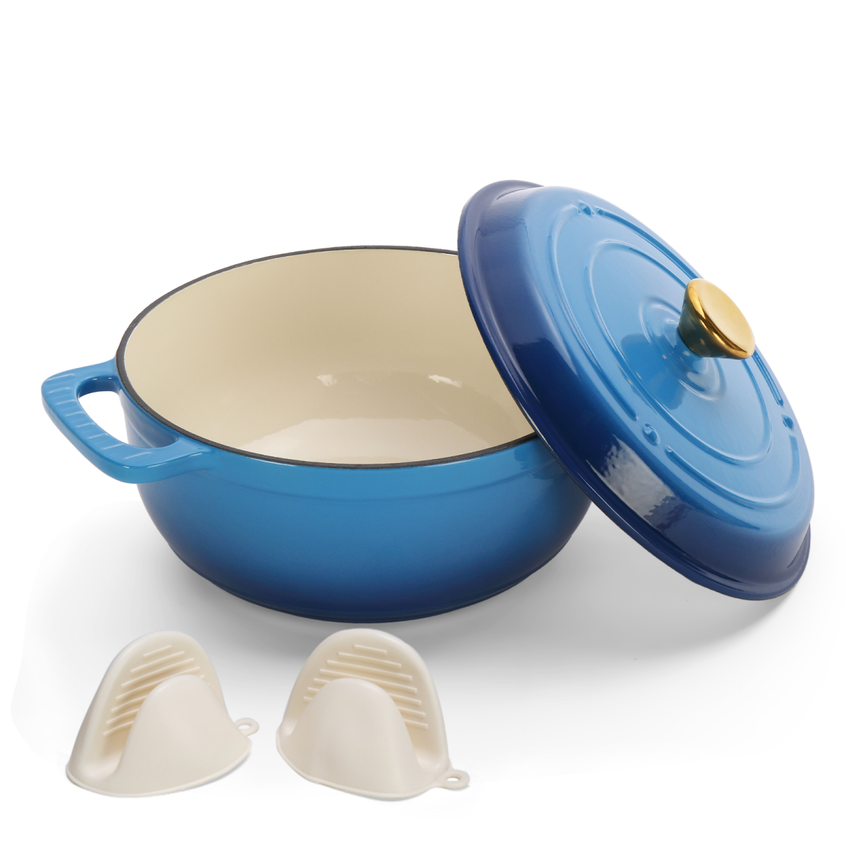 Cast iron 5QT cooking pot - Gradient blue - Includes two silicone gloves - Enamel pot