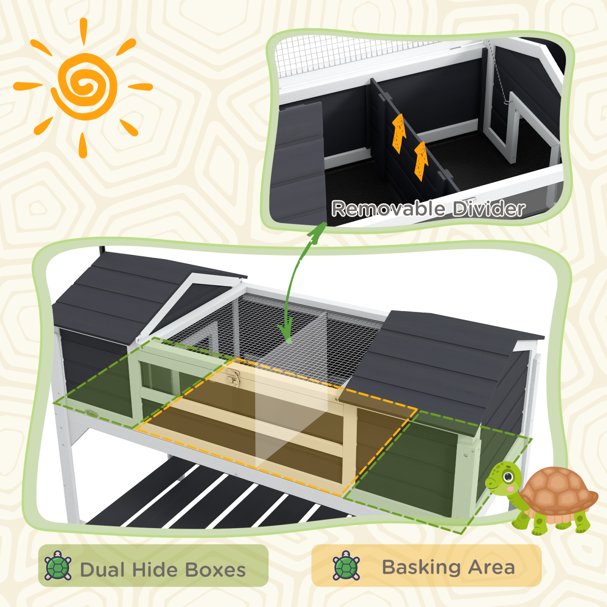PawHut Tortoise House w/ Adjustable Lamp Holder, Openable Lid, Dual Main Houses