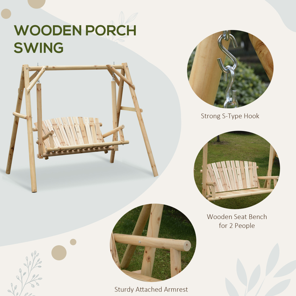 Outdoor 2 Seater Porch Swing Wooden Rustic Patio Bench Hammock w/ Armrest