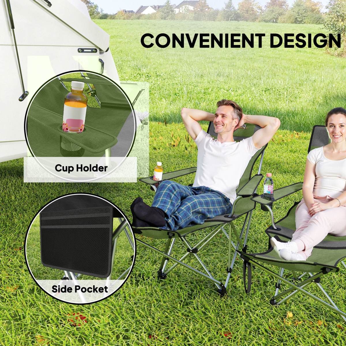 Outsunny Set of 2 Reclining Camping Chairs, Olive Green and Grey