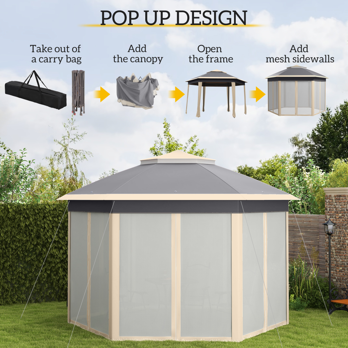 Outsunny 3x4m Hexagon Gazebo w/ Metal Frame Mesh Curtains Outdoor Garden, Khaki