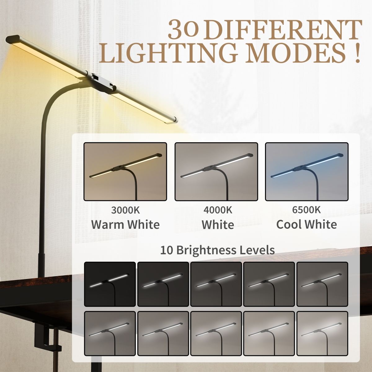 HOMCOM Double Head Table Lamp with 3 Colour Modes & 10 Dimmable, Black