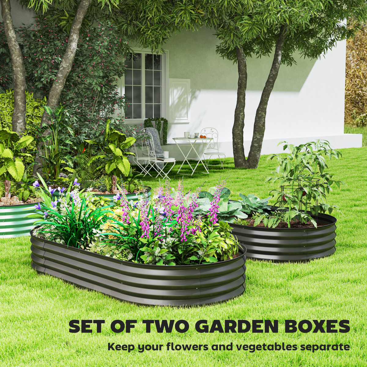 Outsunny Set of 2 Raised Beds for Garden with Metal Plant Stakes, Dark Grey