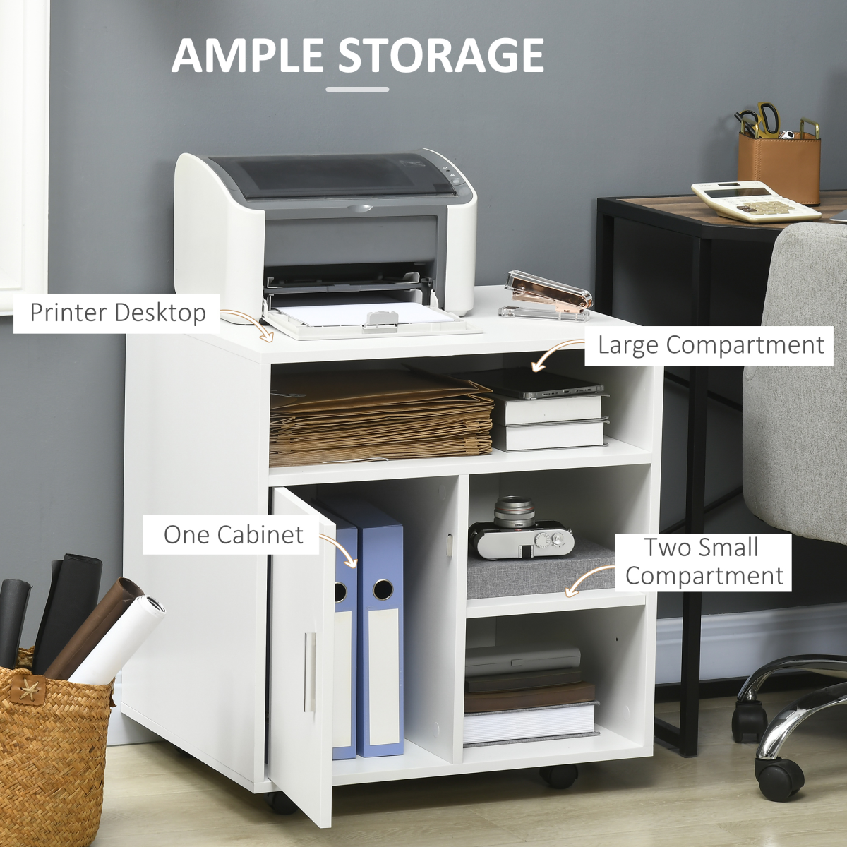 Multi-Storage Printer Unit Office Organisation w/ 5 Compartments White HOMCOM