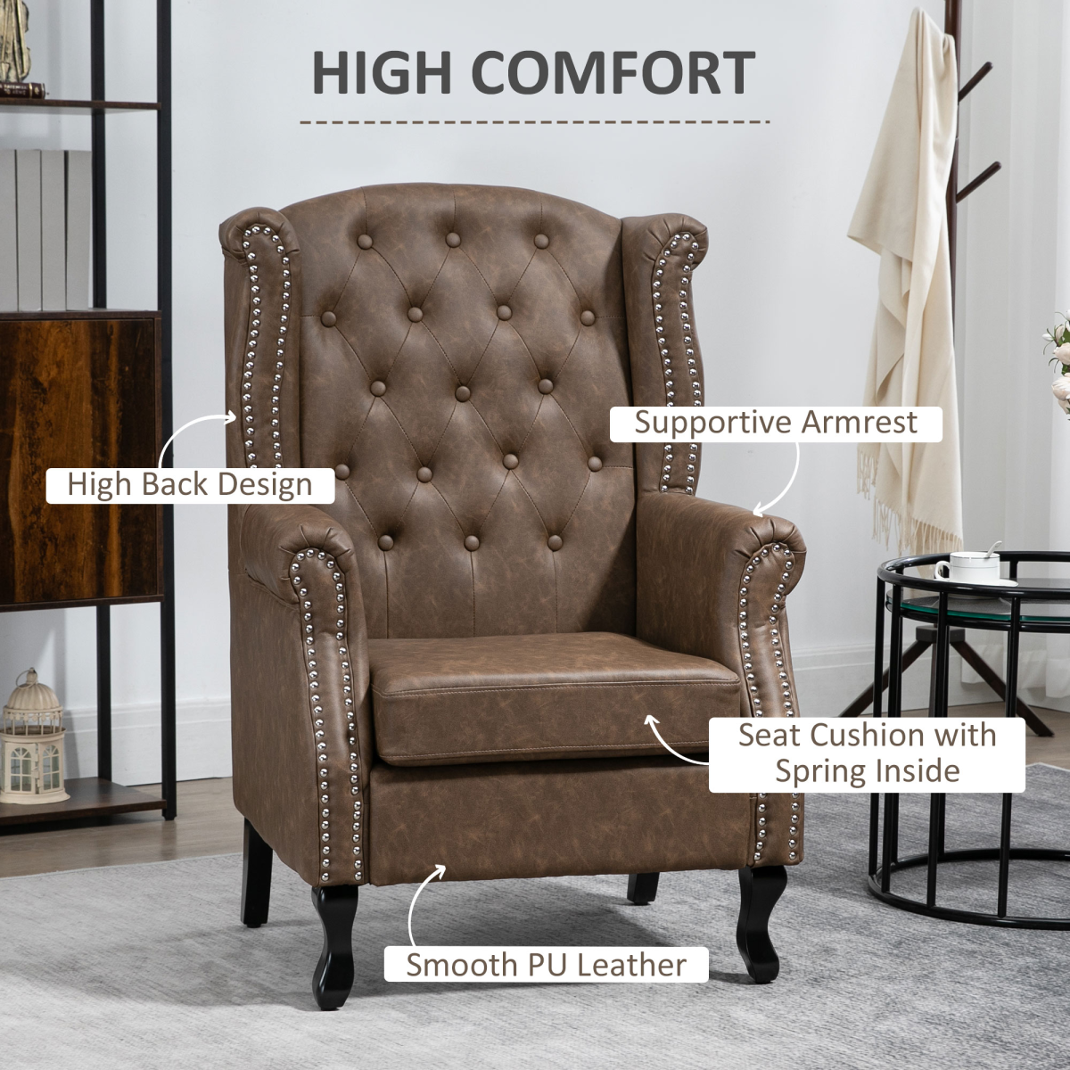 Chesterfield-style Wing Back Armchair Tufted Accent Chair Brown