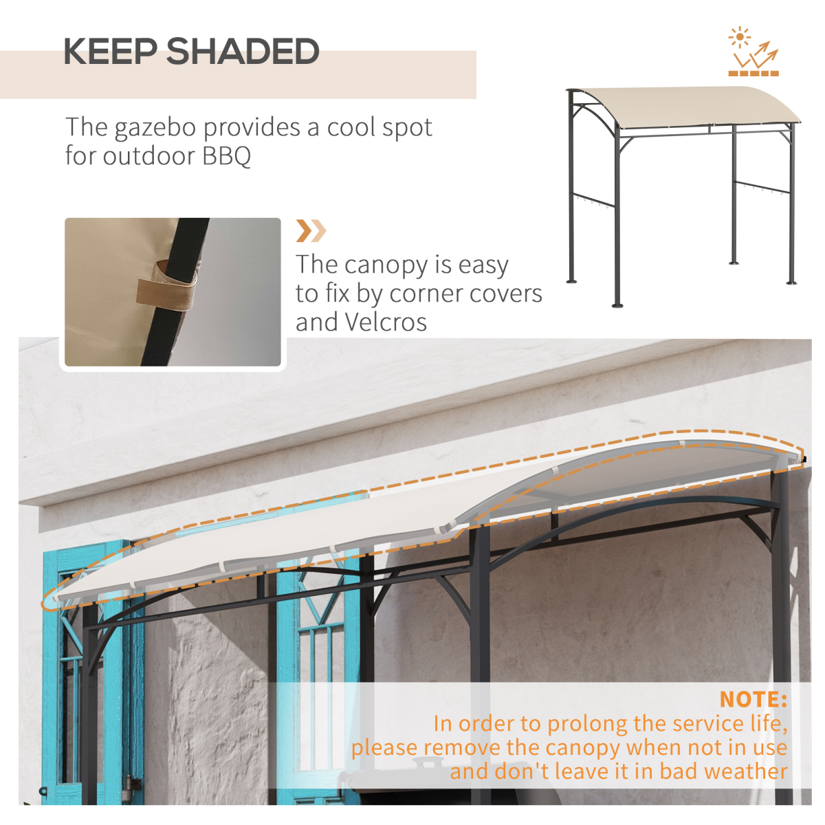 Outsunny 2.2 x 1.5 m BBQ Gazebo Tent Sun Shade with Canopy and 10 Hooks, Beige