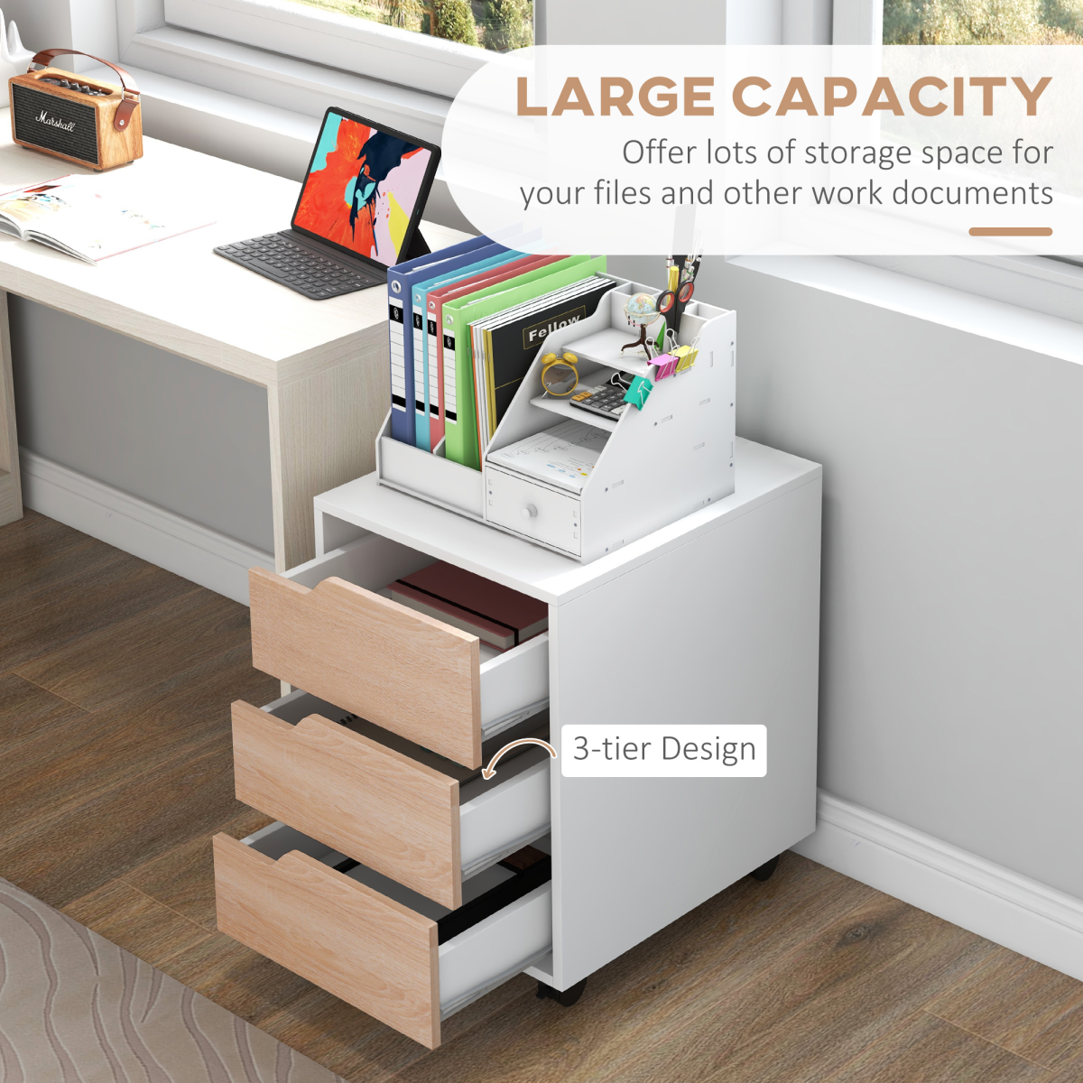 MDF Mobile File Cabinet w/ 3 Drawers Locking Wheels Metal Rails Oak Tone White