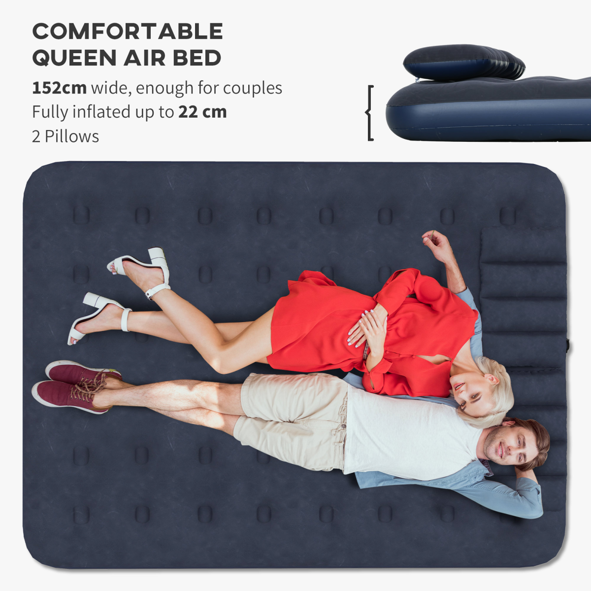 Outsunny Queen Inflatable Mattress with Hand Pump, Pillows, 203 x 152 x 22cm