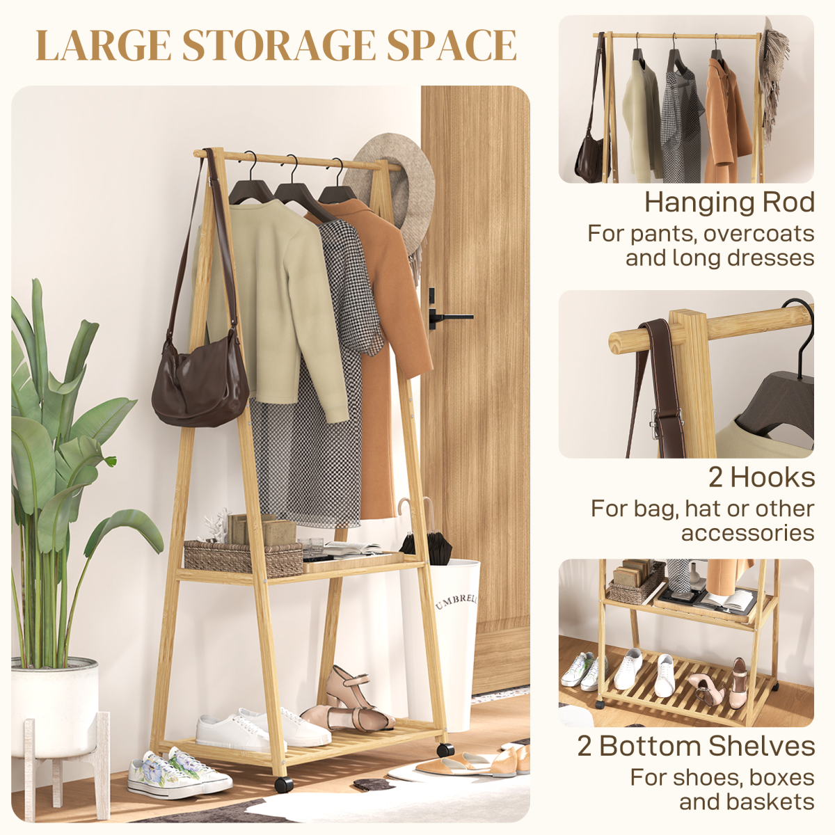 HOMCOM Bamboo Clothes Rail Rack with 2 Storage Shelves, Natural Wood Effect