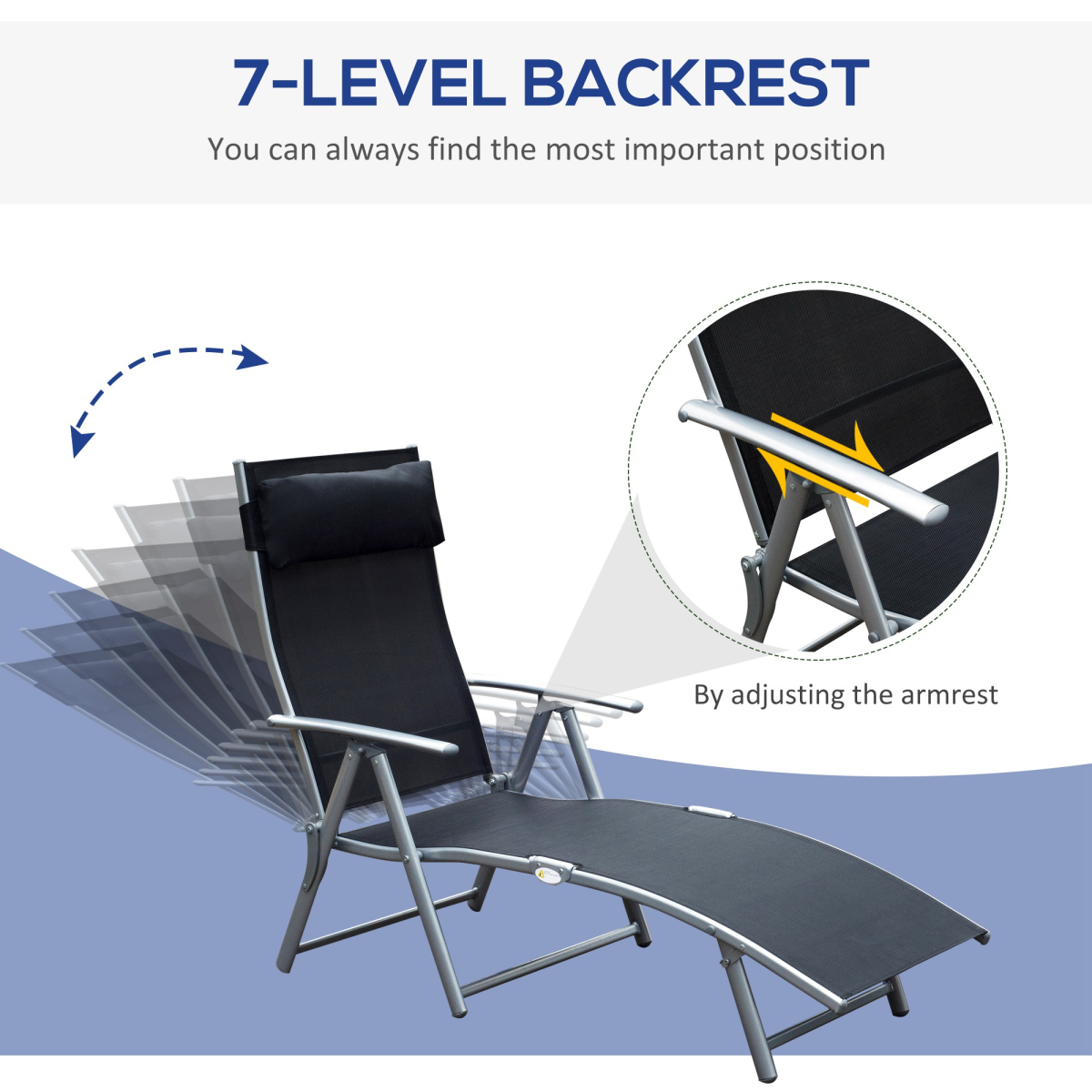 Sun Lounger Recliner Foldable 7 Levels Textilene Black Patio