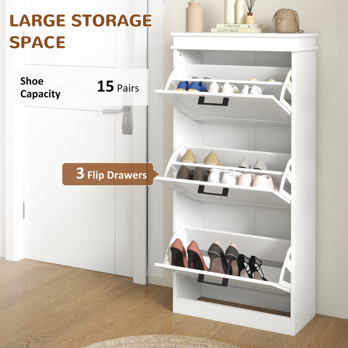 HOMCOM Slim Shoe Storage Cabinet with 3 Flip Drawers for Entryway, White