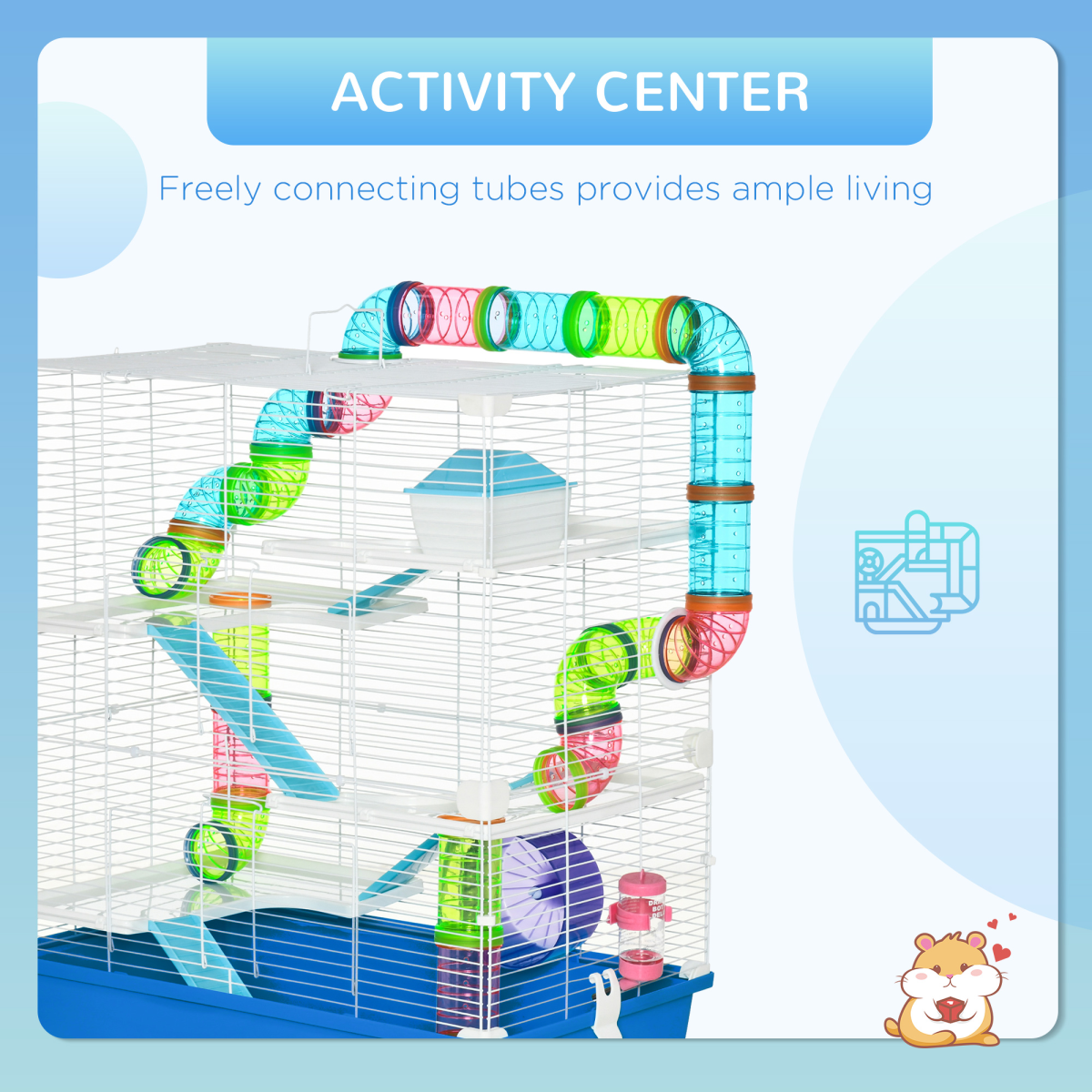 Five-Level Hamster Cage w/ Tubes, Water Bottle, Exercise Wheel, Ramps - Blue