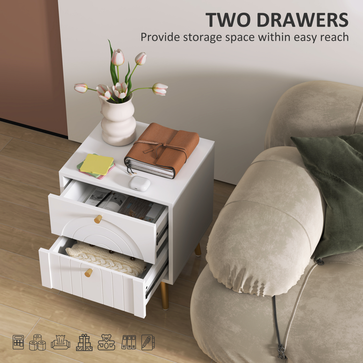 HOMCOM 2-Piece Bedside Tables Set with 2 Drawers for Bedroom, White