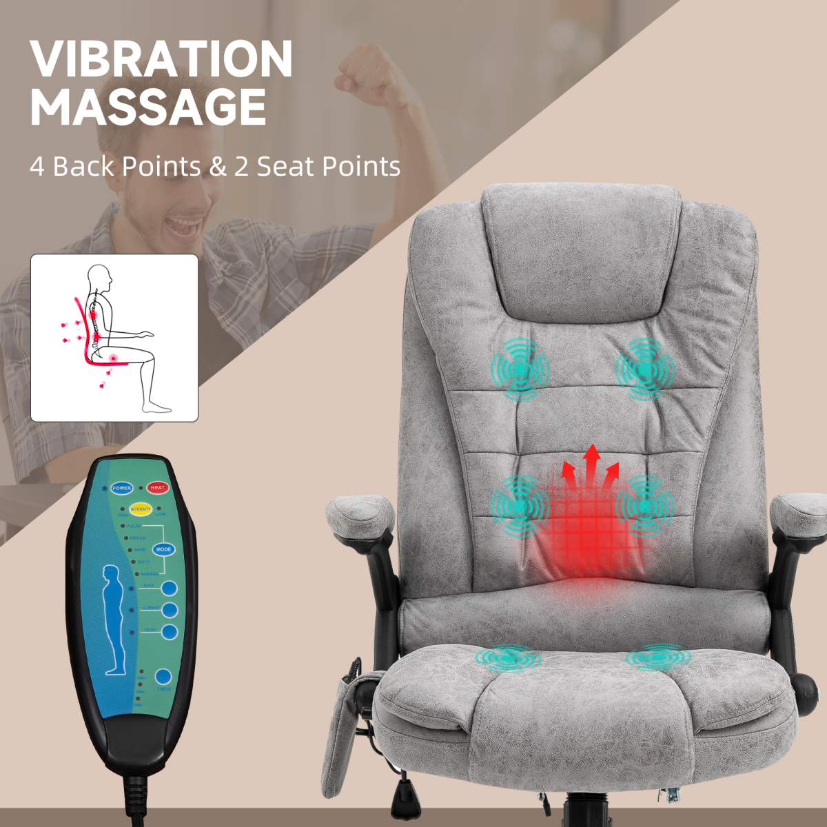 Executive Reclining Chair w/ Heating Massage Points Relaxing Headrest Grey