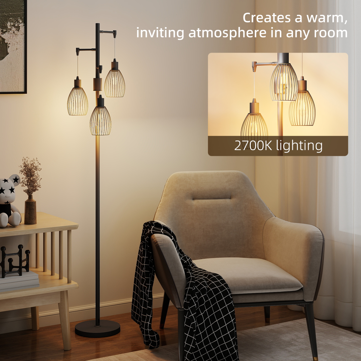 HOMCOM Industrial 3-Light Floor Lamp Dimmable LED Standing Lamp, Black