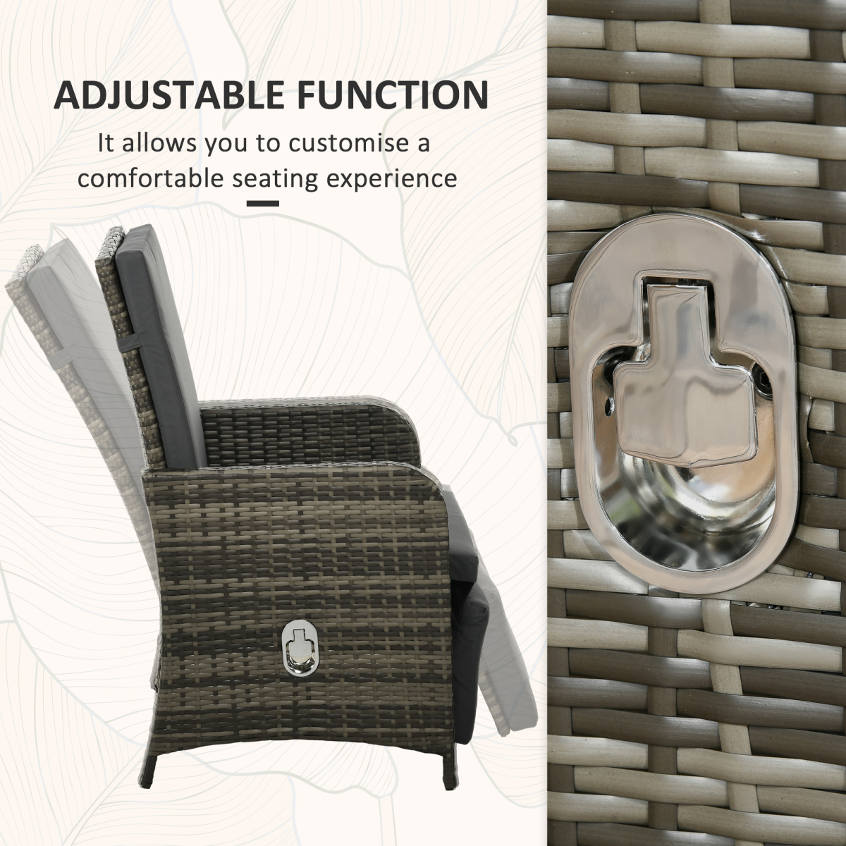 Outsunny 3 Pieces Rattan Bistro Set w/ Adjustable Backrest - Mix-Grey