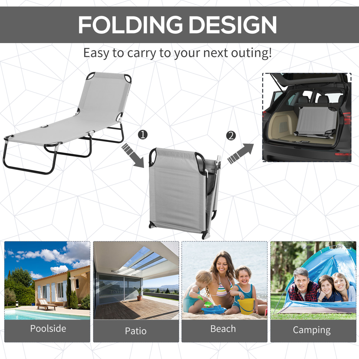 Folding Chair Sun Lounger w/ Sunshade Garden Recliner Hammock Grey