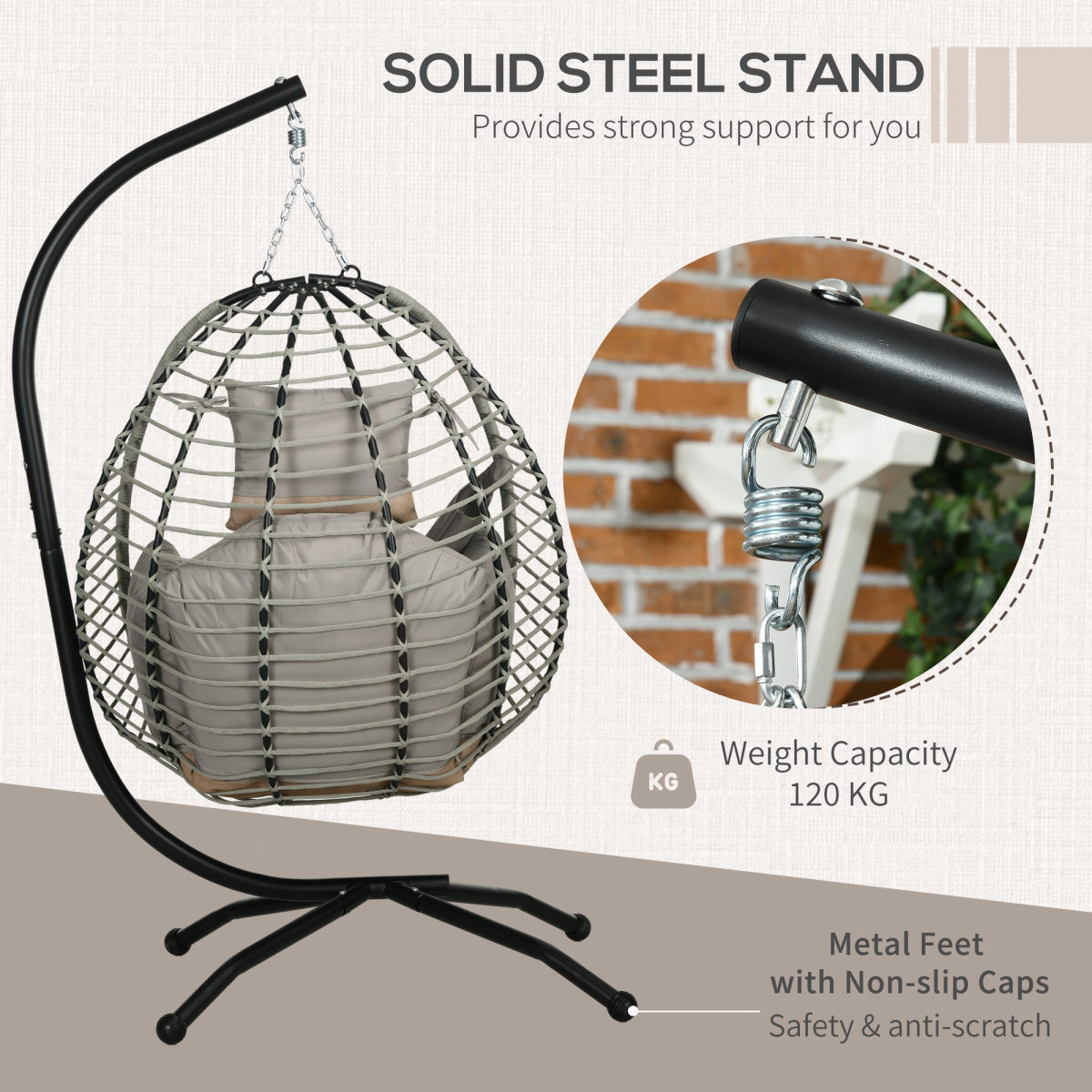 Outsunny Hanging Swing Chair with Thick Cushion, Patio Hanging Chair, Grey