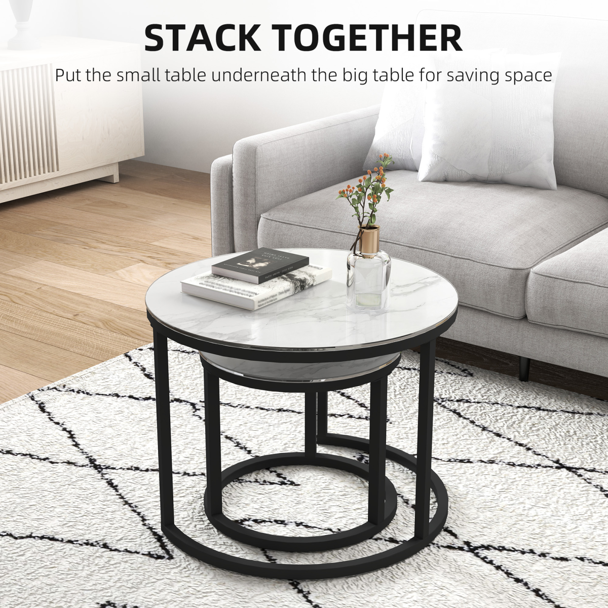 HOMCOM Glass Coffee Table Set of 2, Round Nest of Tables for Living Room