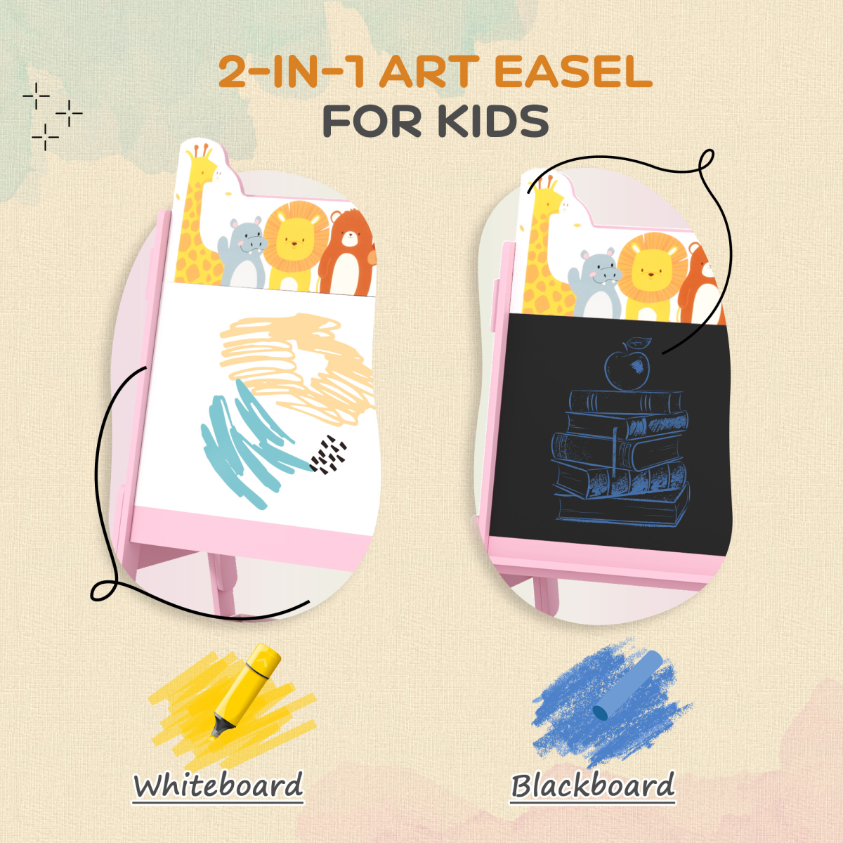 AIYAPLAY 2 in 1 Kids Easel with Whiteboard, Chalkboard, Storage Boxes, Pink