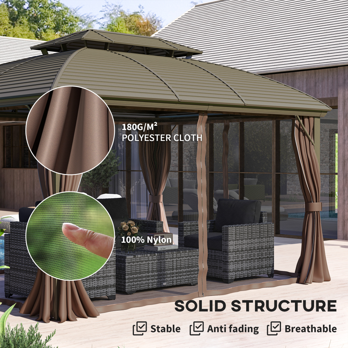 Outsunny 3.65 x 3(m) Aluminium Outdoor Gazebo w/ Hardtop Double Roof, Coffee
