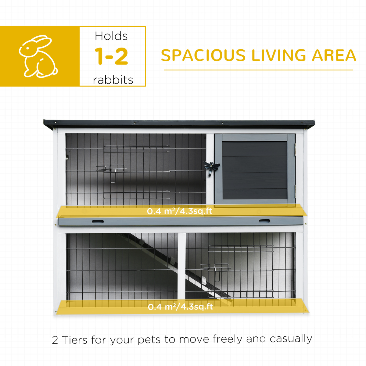 Rabbit Hutch and Run w/ Removable Tray Openable Top for Indoors & Outdoors Grey