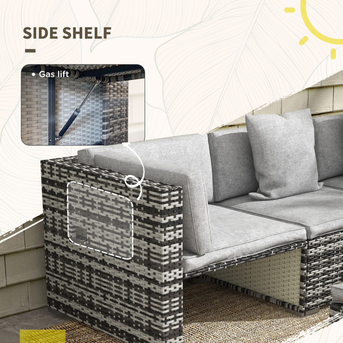 Outsunny 7 PCs Rattan Garden Furniture Set with Side Shelf, Stools, Table, Grey