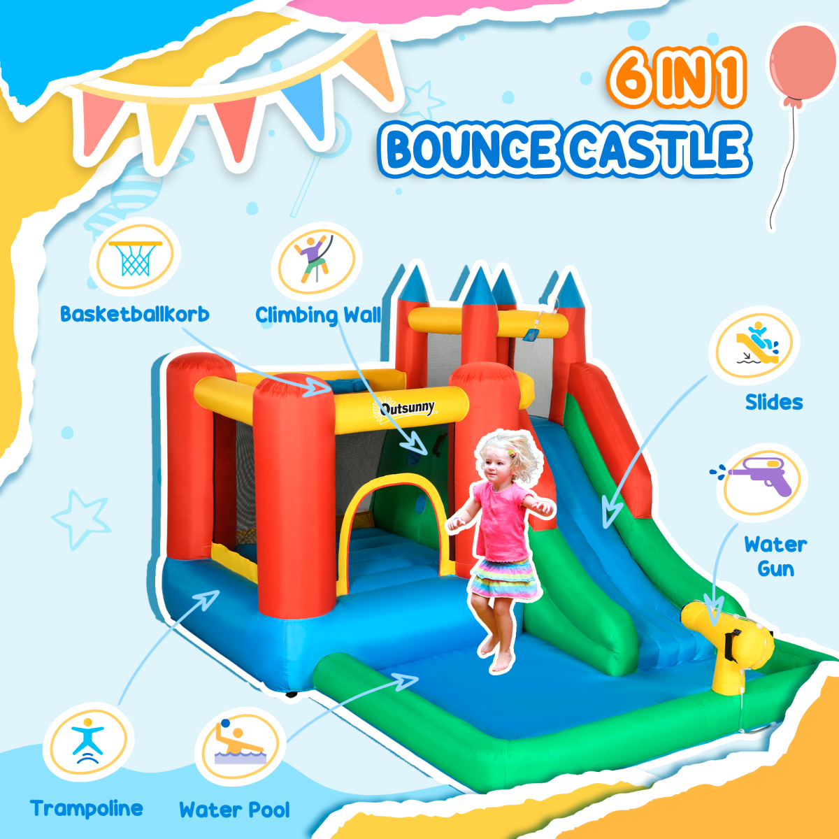 Kids Bouncy Castle w/ Slide Water Pool Climbing Wall & Trampoline