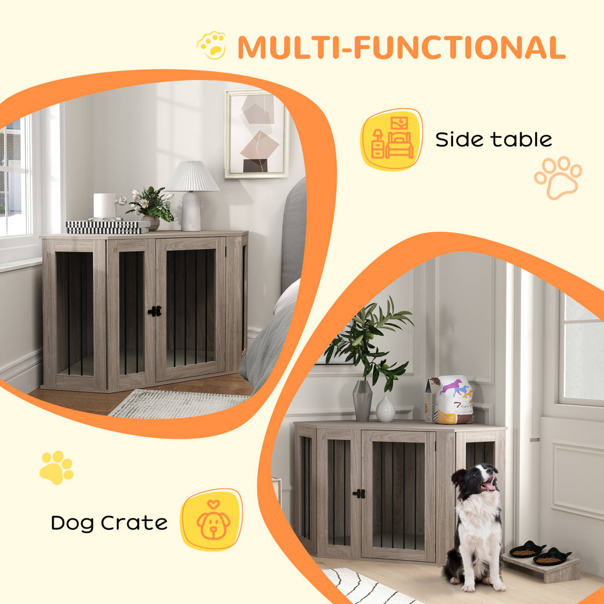 PawHut Dog Crate Furniture for Large Dogs w/ Cushion, Door - Walnut Brown