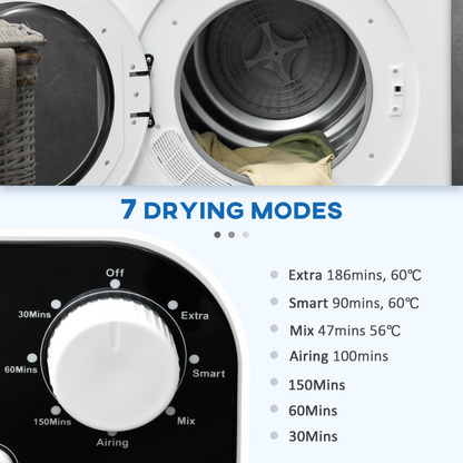 HOMCOM 6kg Vented Tumble Dryer with 7 Dry Programmers for Small Spaces White
