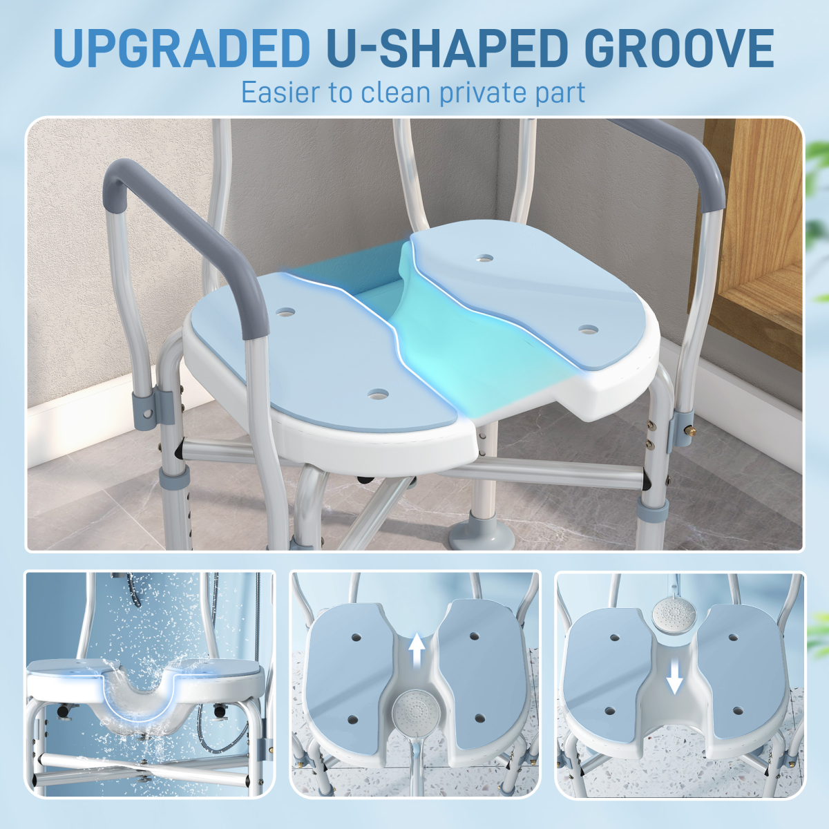 HOMCOM Padded Bath Chair with Slotted Seat and Adjustable Height, Light Blue