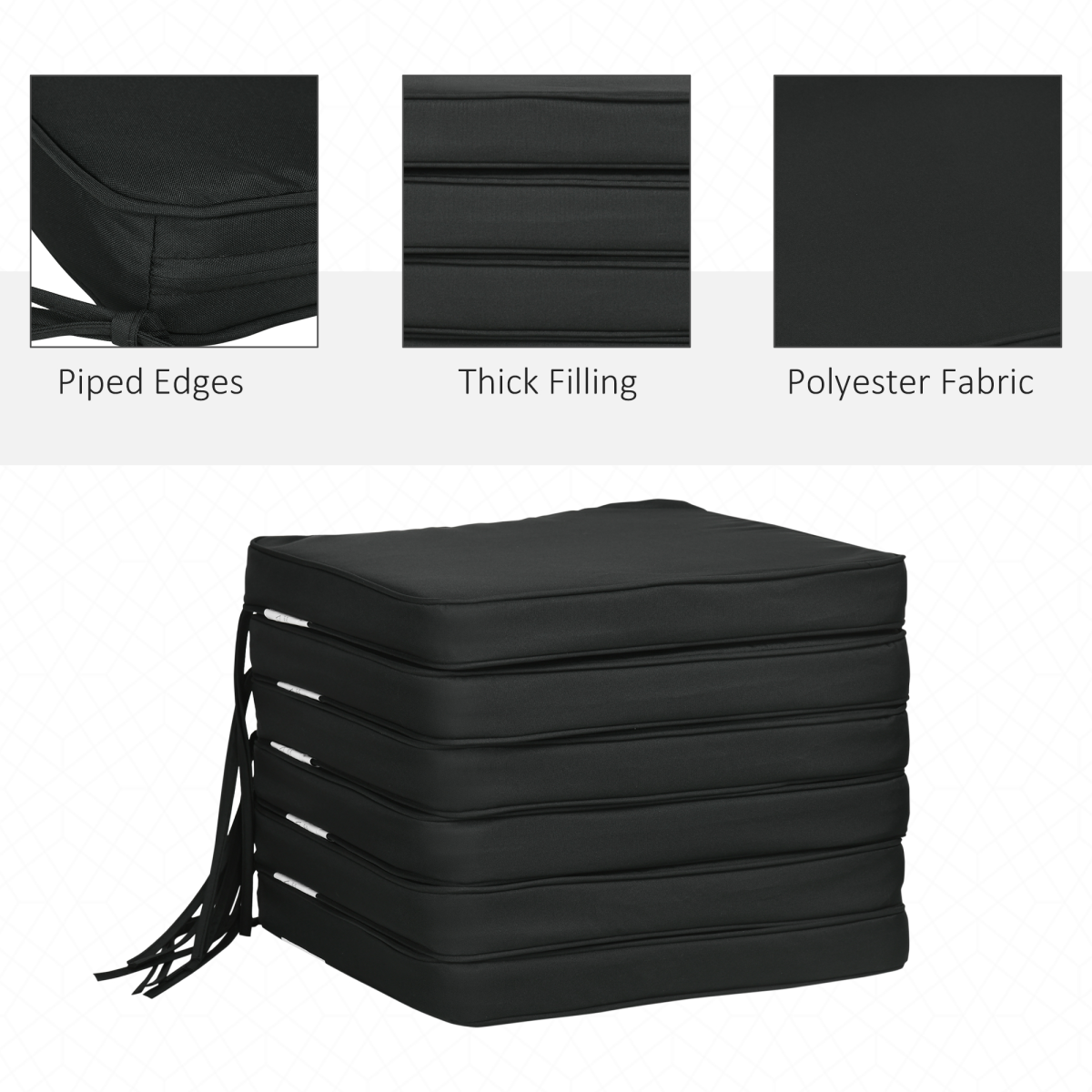 Outsunny Set of 6 Chair Cushion Seat Pads Dining Chair w/ Straps Outdoor Black