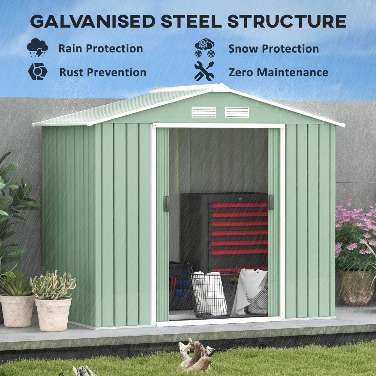 Garden Shed Storage Unit w/ Locking Door Floor Foundation Air Vent Light Green
