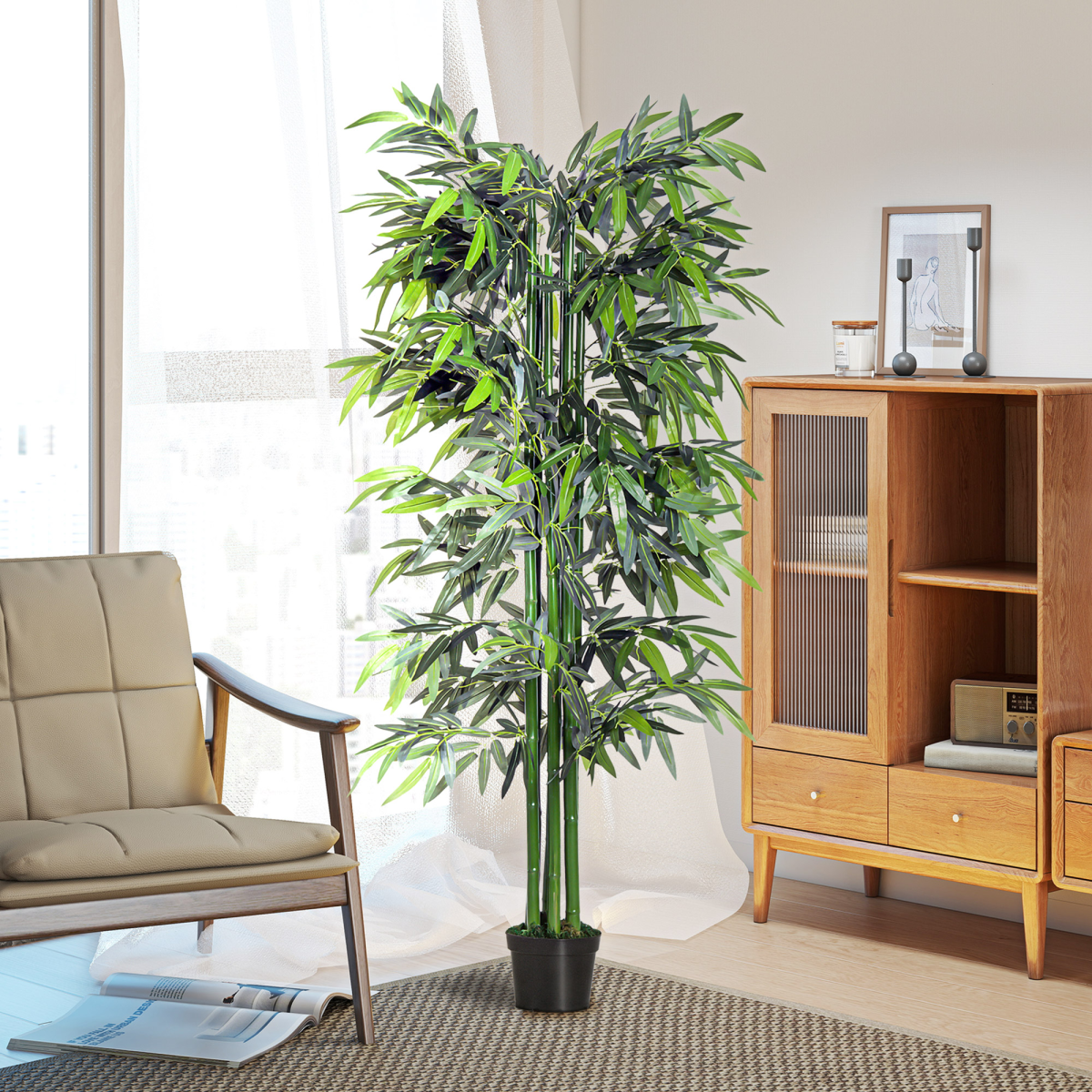 Artificial Bamboo Tree Plant, 1.8 m-Green Bamboo/ Black Pot