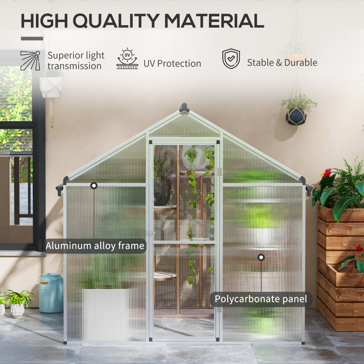 Outsunny 6x6ft Aluminium Greenhouse with/ Door Window Galvanised Base PC Panel