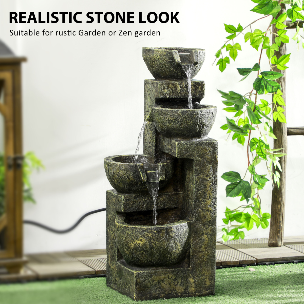Outsunny Garden Water Feature with Adjustable Flow, 4-Tier Stone Look Bowls