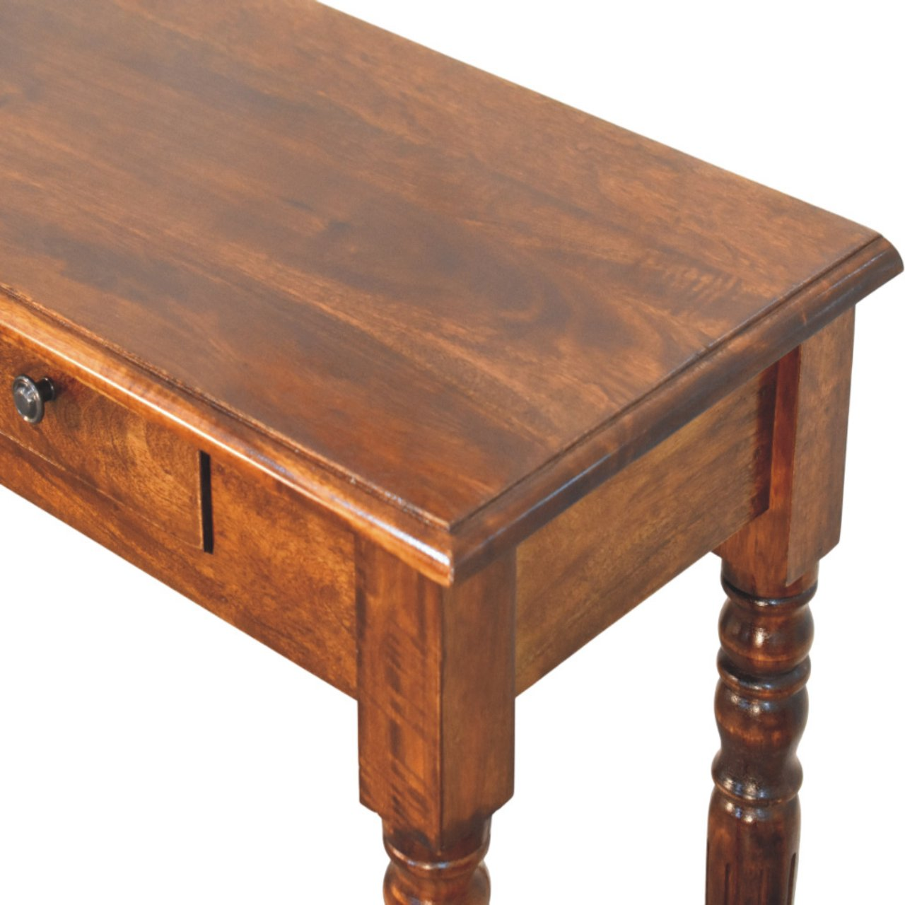 Artisan Furniture Solid Wood Turned Legs 3 Drawer Chestnut Console, Dark Brown