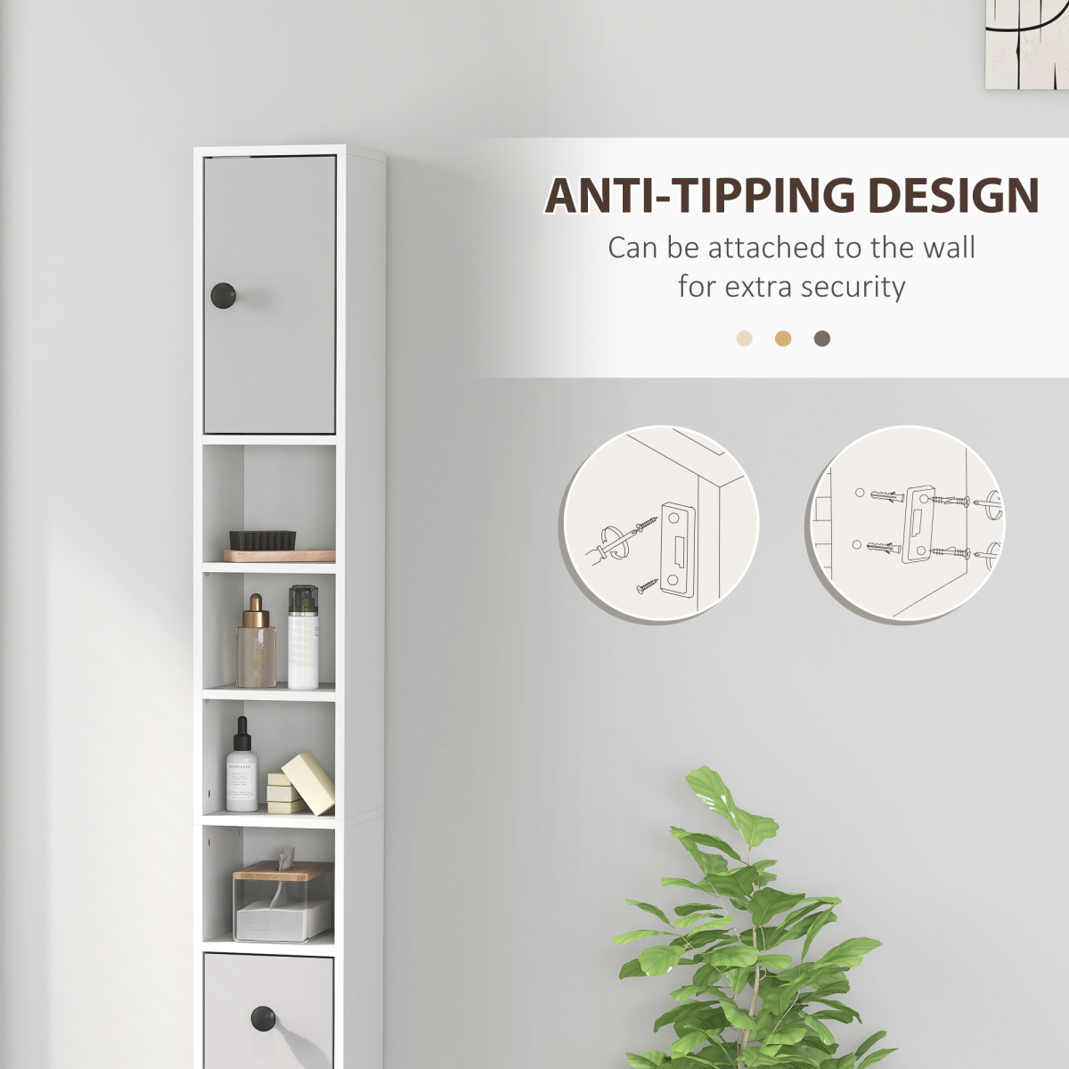 kleankin Slim Bathroom Cabinet, Toilet Roll Storage w/ Shelves, Light Grey
