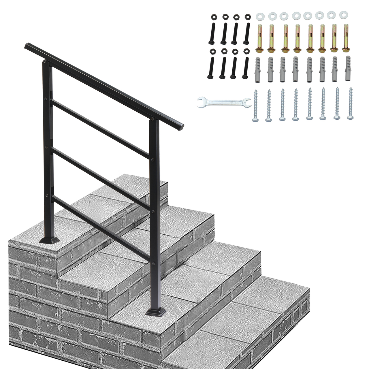 [Same Code：66442124  66442124]Handrails for Outdoor Steps, Wrought Iron Handrail Fits 1 or 3 Steps, Transitional Handrail with Installation Kit, Black